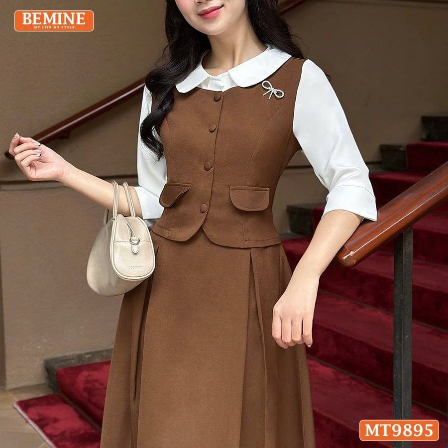 Đầm thiết kế BEMINE cổ sen dáng A phối tay dài đính nút phù hợp đi làm, đi chơi-MT9895