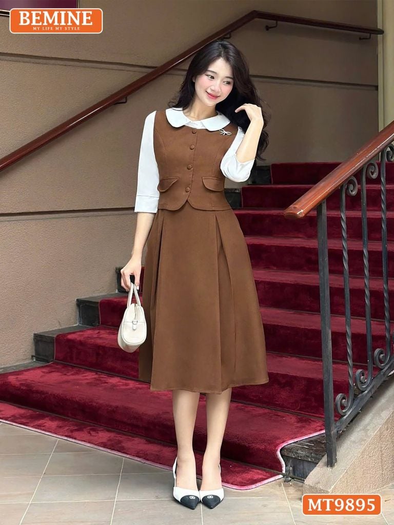Đầm thiết kế BEMINE cổ sen dáng A phối tay dài đính nút phù hợp đi làm, đi chơi-MT9895