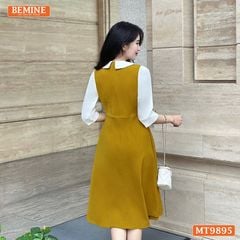 Đầm thiết kế BEMINE cổ sen dáng A phối tay dài đính nút phù hợp đi làm, đi chơi-MT9895
