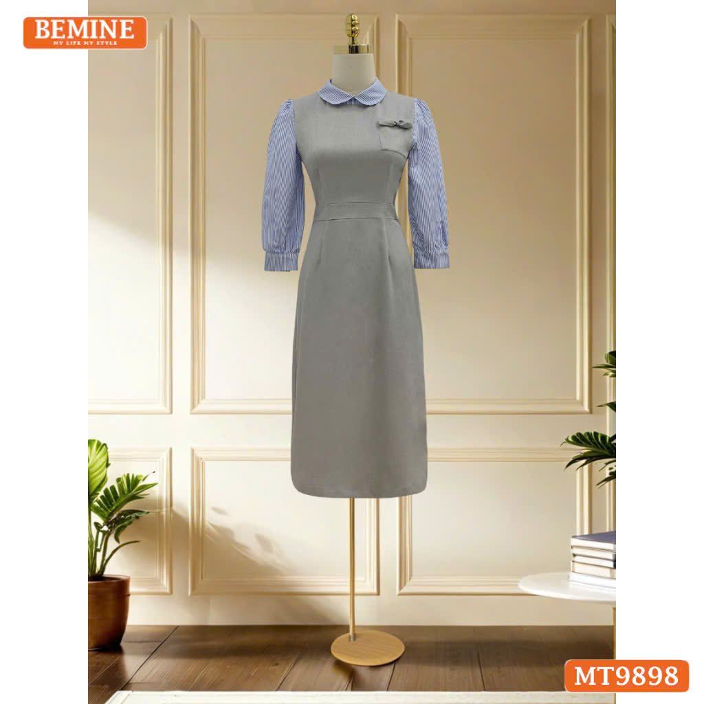Đầm thiết kế BEMINE cổ sen dáng bút chì tay dài phối sọc phù hợp đi làm, đi dạo phố-MT9898