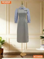Đầm thiết kế BEMINE cổ sen dáng bút chì tay dài phối sọc phù hợp đi làm, đi dạo phố-MT9898