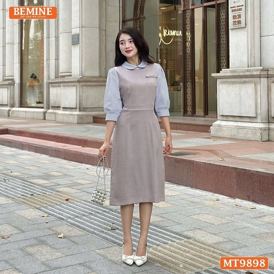 Đầm thiết kế BEMINE cổ sen dáng bút chì tay dài phối sọc phù hợp đi làm, đi dạo phố-MT9898
