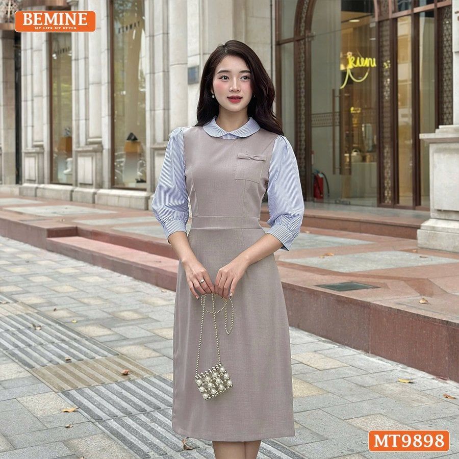 Đầm thiết kế BEMINE cổ sen dáng bút chì tay dài phối sọc phù hợp đi làm, đi dạo phố-MT9898