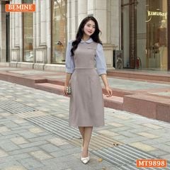 Đầm thiết kế BEMINE cổ sen dáng bút chì tay dài phối sọc phù hợp đi làm, đi dạo phố-MT9898