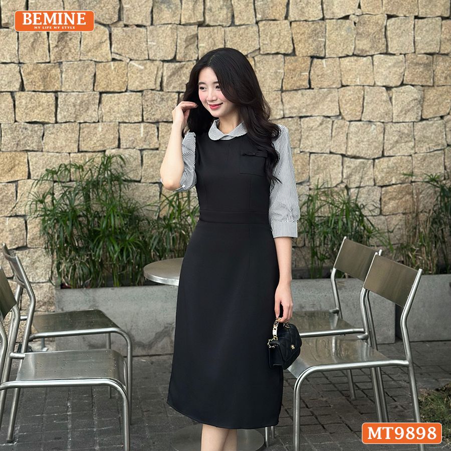 Đầm thiết kế BEMINE cổ sen dáng bút chì tay dài phối sọc phù hợp đi làm, đi dạo phố-MT9898