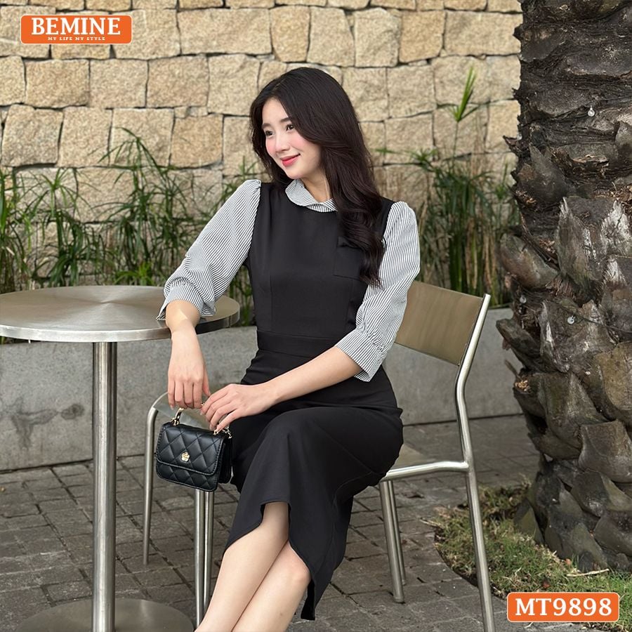 Đầm thiết kế BEMINE cổ sen dáng bút chì tay dài phối sọc phù hợp đi làm, đi dạo phố-MT9898