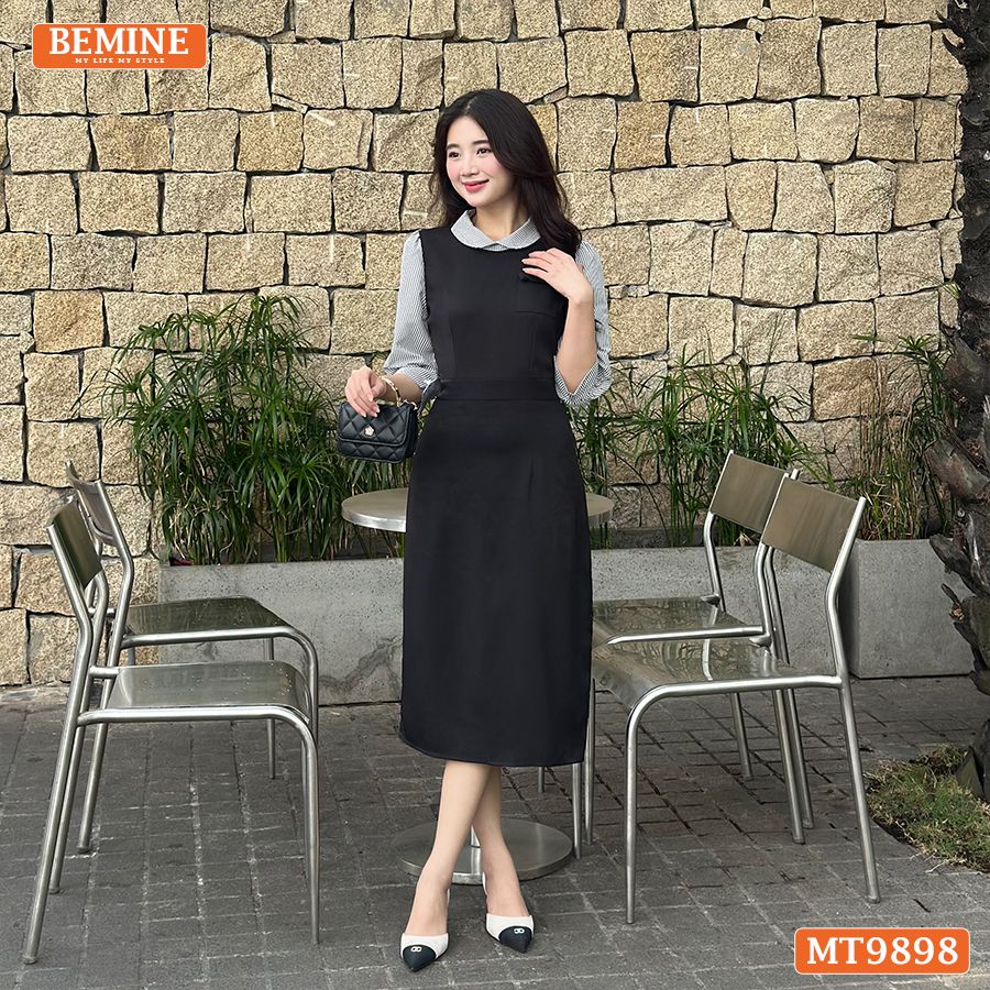 Đầm thiết kế BEMINE cổ sen dáng bút chì tay dài phối sọc phù hợp đi làm, đi dạo phố-MT9898