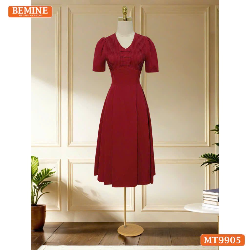 Đầm thiết kế BEMINE cổ tim ngực xếp ly đính nơ dáng A phù hợp đi làm, đi chơi-MT9905