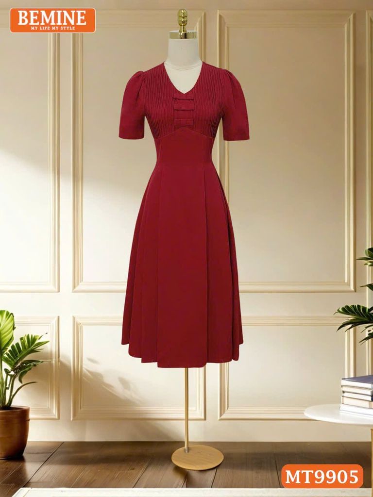 Đầm thiết kế BEMINE cổ tim ngực xếp ly đính nơ dáng A phù hợp đi làm, đi chơi-MT9905