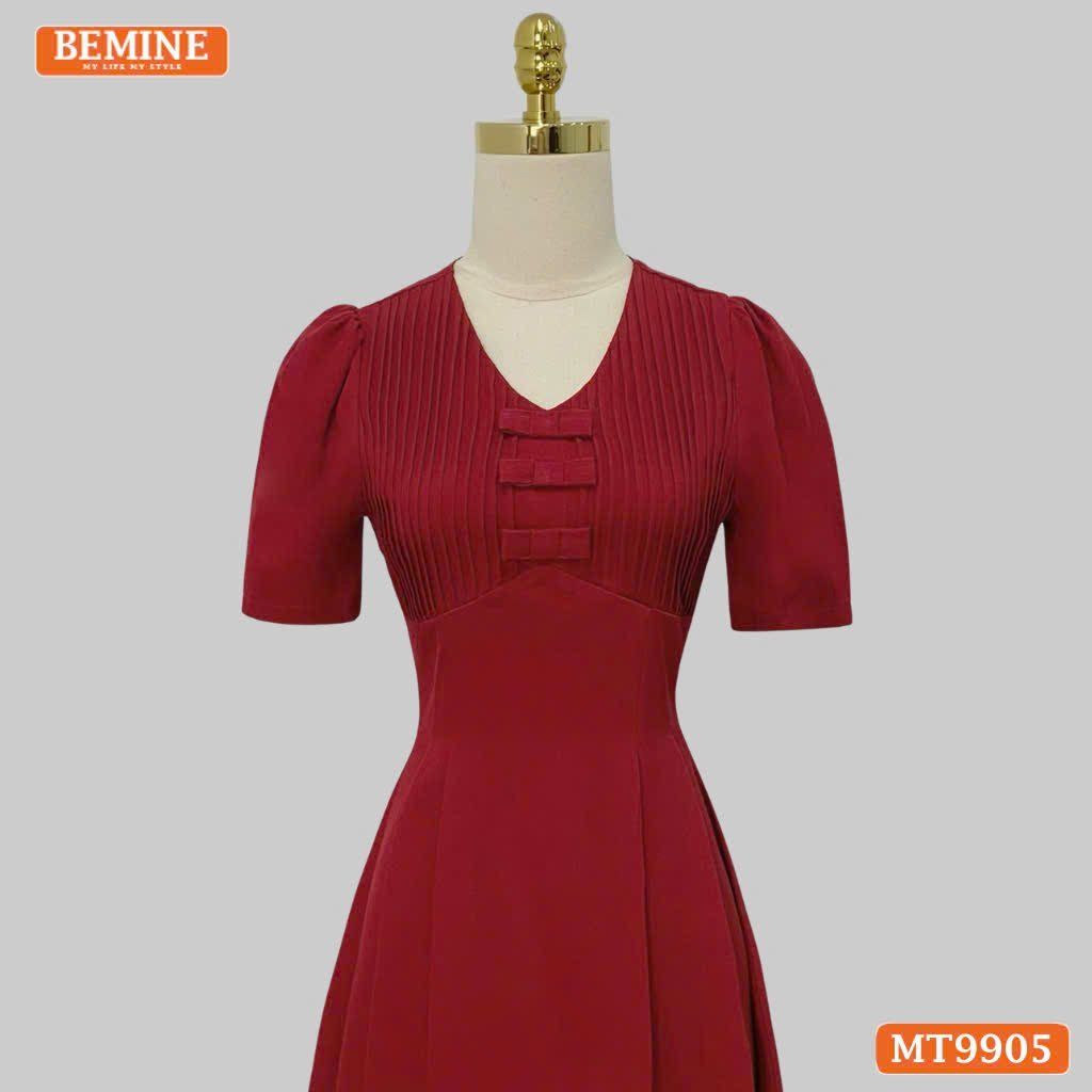 Đầm thiết kế BEMINE cổ tim ngực xếp ly đính nơ dáng A phù hợp đi làm, đi chơi-MT9905