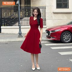 Đầm thiết kế BEMINE cổ tim ngực xếp ly đính nơ dáng A phù hợp đi làm, đi chơi-MT9905