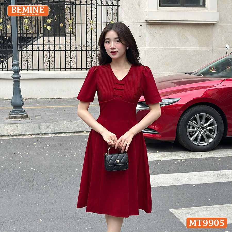 Đầm thiết kế BEMINE cổ tim ngực xếp ly đính nơ dáng A phù hợp đi làm, đi chơi-MT9905