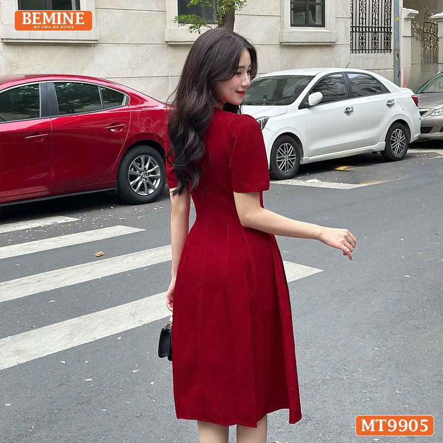 Đầm thiết kế BEMINE cổ tim ngực xếp ly đính nơ dáng A phù hợp đi làm, đi chơi-MT9905