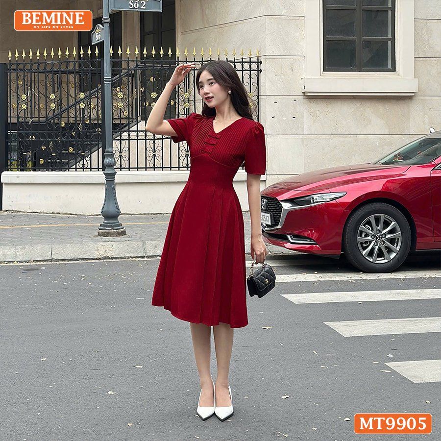 Đầm thiết kế BEMINE cổ tim ngực xếp ly đính nơ dáng A phù hợp đi làm, đi chơi-MT9905
