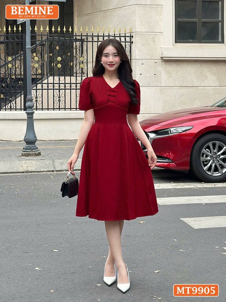 Đầm thiết kế BEMINE cổ tim ngực xếp ly đính nơ dáng A phù hợp đi làm, đi chơi-MT9905