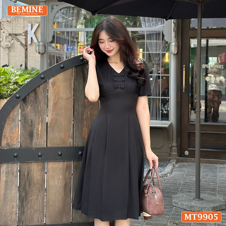 Đầm thiết kế BEMINE cổ tim ngực xếp ly đính nơ dáng A phù hợp đi làm, đi chơi-MT9905