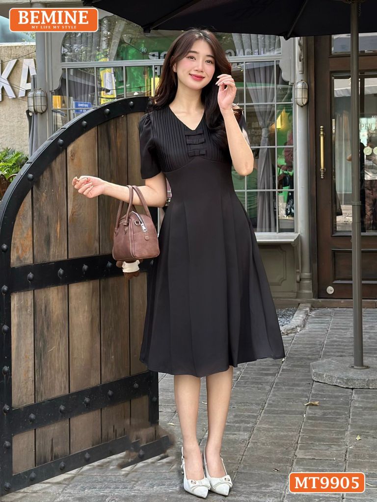Đầm thiết kế BEMINE cổ tim ngực xếp ly đính nơ dáng A phù hợp đi làm, đi chơi-MT9905