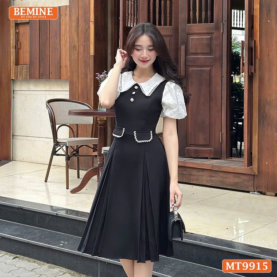Đầm thiết kế BEMINE cổ sen viền ren tay phồng dáng A phù hợp đi làm, đi dạo phố-MT9915