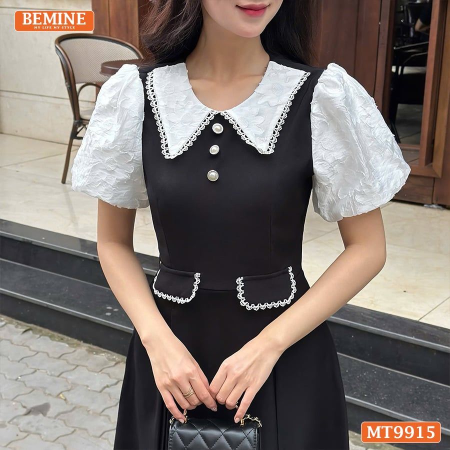 Đầm thiết kế BEMINE cổ sen viền ren tay phồng dáng A phù hợp đi làm, đi dạo phố-MT9915
