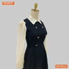 Đầm thiết kế BEMINE cổ đức dáng chữ A tay dài phối voan có cúc phù hợp đi làm, đi chơi-MT9924
