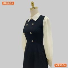 Đầm thiết kế BEMINE cổ đức dáng chữ A tay dài phối voan có cúc phù hợp đi làm, đi chơi-MT9924