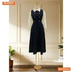Đầm thiết kế BEMINE cổ đức dáng chữ A tay dài phối voan có cúc phù hợp đi làm, đi chơi-MT9924