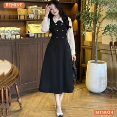 Đầm thiết kế BEMINE cổ đức dáng chữ A tay dài phối voan có cúc phù hợp đi làm, đi chơi-MT9924