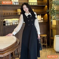 Đầm thiết kế BEMINE cổ đức dáng chữ A tay dài phối voan có cúc phù hợp đi làm, đi chơi-MT9924