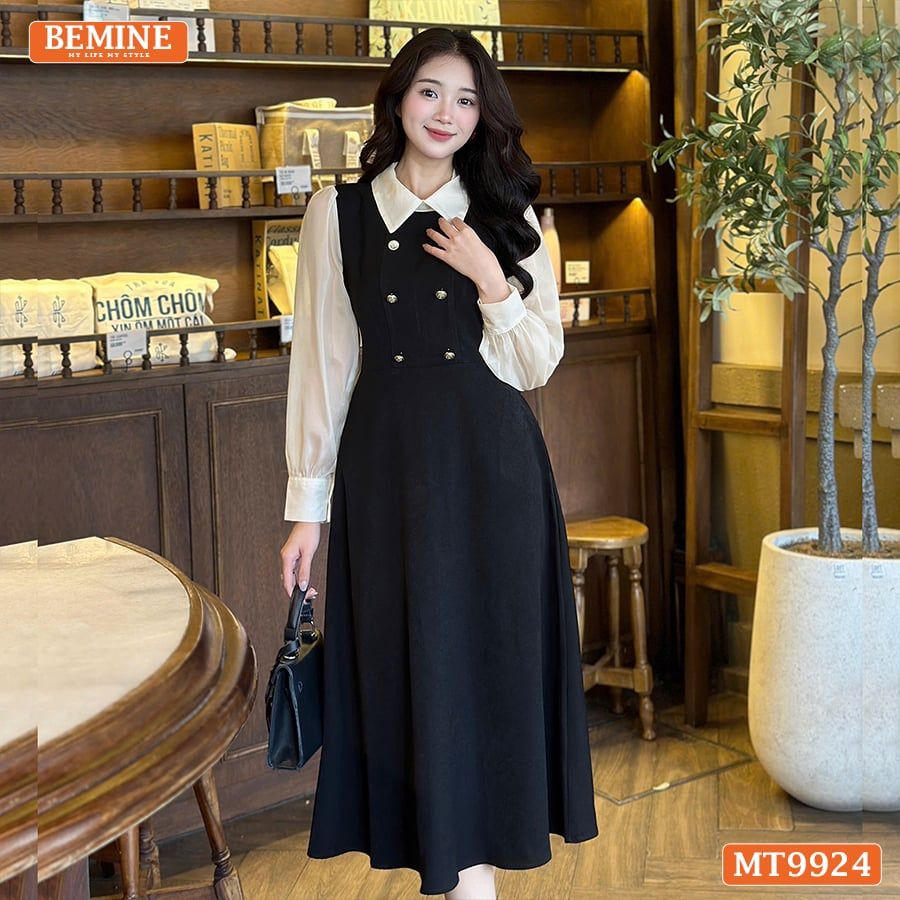 Đầm thiết kế BEMINE cổ đức dáng chữ A tay dài phối voan có cúc phù hợp đi làm, đi chơi-MT9924