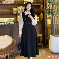 Đầm thiết kế BEMINE cổ đức dáng chữ A tay dài phối voan có cúc phù hợp đi làm, đi chơi-MT9924
