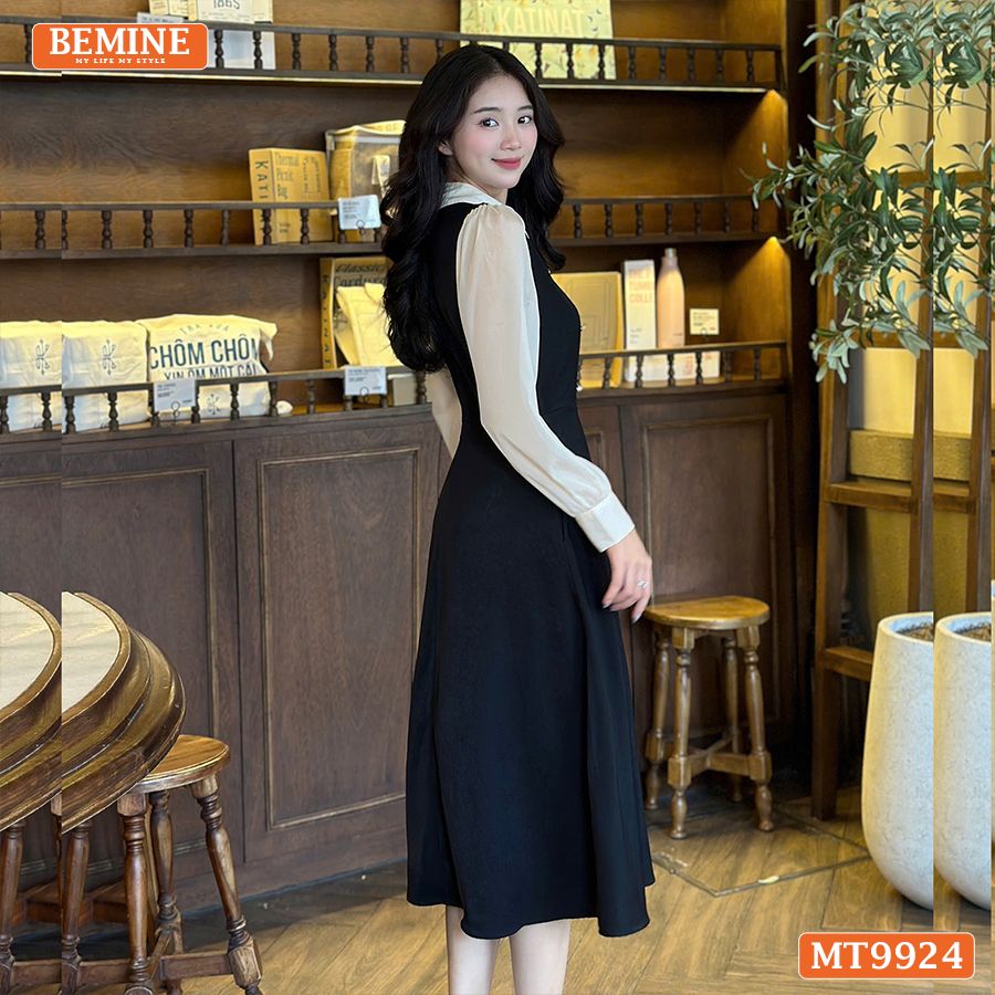 Đầm thiết kế BEMINE cổ đức dáng chữ A tay dài phối voan có cúc phù hợp đi làm, đi chơi-MT9924