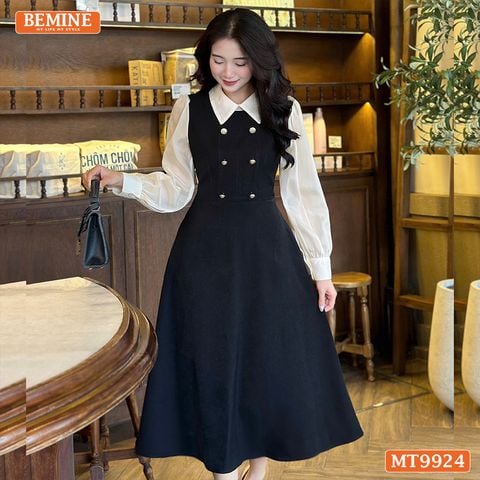 Đầm thiết kế BEMINE cổ đức dáng chữ A tay dài phối voan có cúc phù hợp đi làm, đi chơi-MT9924