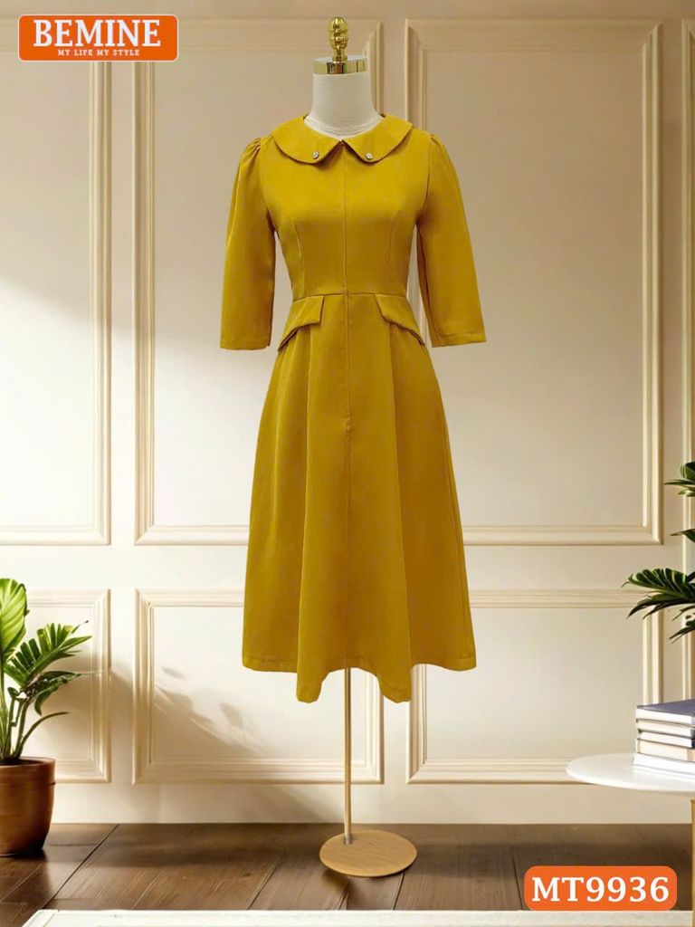 Đầm thiết kế BEMINE cổ sen dáng chữ A tay lửng phù hợp đi làm, đi chơi và đi tiệc-MT9936