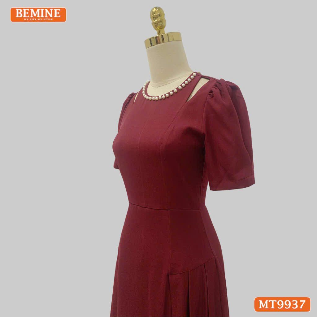 Đầm thiết kế BEMINE cổ tròn viền ngọc khoét vai dáng dài tay phồng phù hợp đi chơi, đi tiệc-MT9937