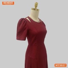 Đầm thiết kế BEMINE cổ tròn viền ngọc khoét vai dáng dài tay phồng phù hợp đi chơi, đi tiệc-MT9937
