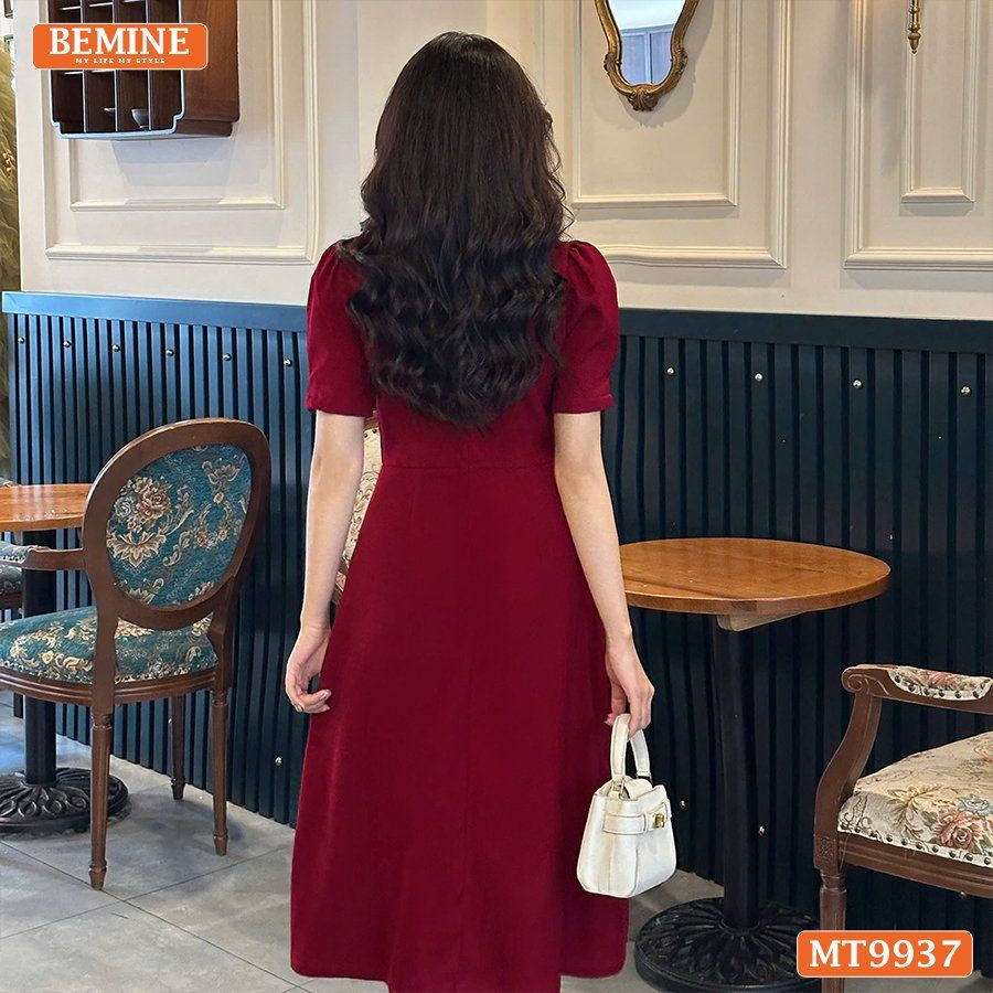 Đầm thiết kế BEMINE cổ tròn viền ngọc khoét vai dáng dài tay phồng phù hợp đi chơi, đi tiệc-MT9937