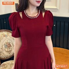 Đầm thiết kế BEMINE cổ tròn viền ngọc khoét vai dáng dài tay phồng phù hợp đi chơi, đi tiệc-MT9937