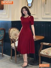 Đầm thiết kế BEMINE cổ tròn viền ngọc khoét vai dáng dài tay phồng phù hợp đi chơi, đi tiệc-MT9937