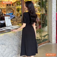 Đầm thiết kế BEMINE cổ tròn viền ngọc khoét vai dáng dài tay phồng phù hợp đi chơi, đi tiệc-MT9937
