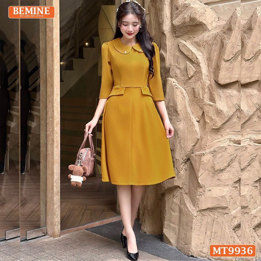 Đầm thiết kế BEMINE cổ sen dáng chữ A tay lửng phù hợp đi làm, đi chơi và đi tiệc-MT9936