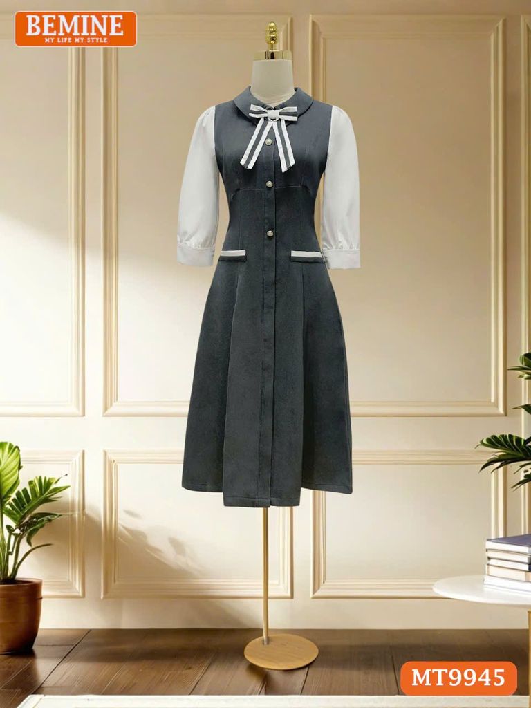 Đầm thiết kế BEMINE cổ sơ mi đính nơ dáng chữ A có nút phù hợp đi làm, đi dạo phố-MT9945