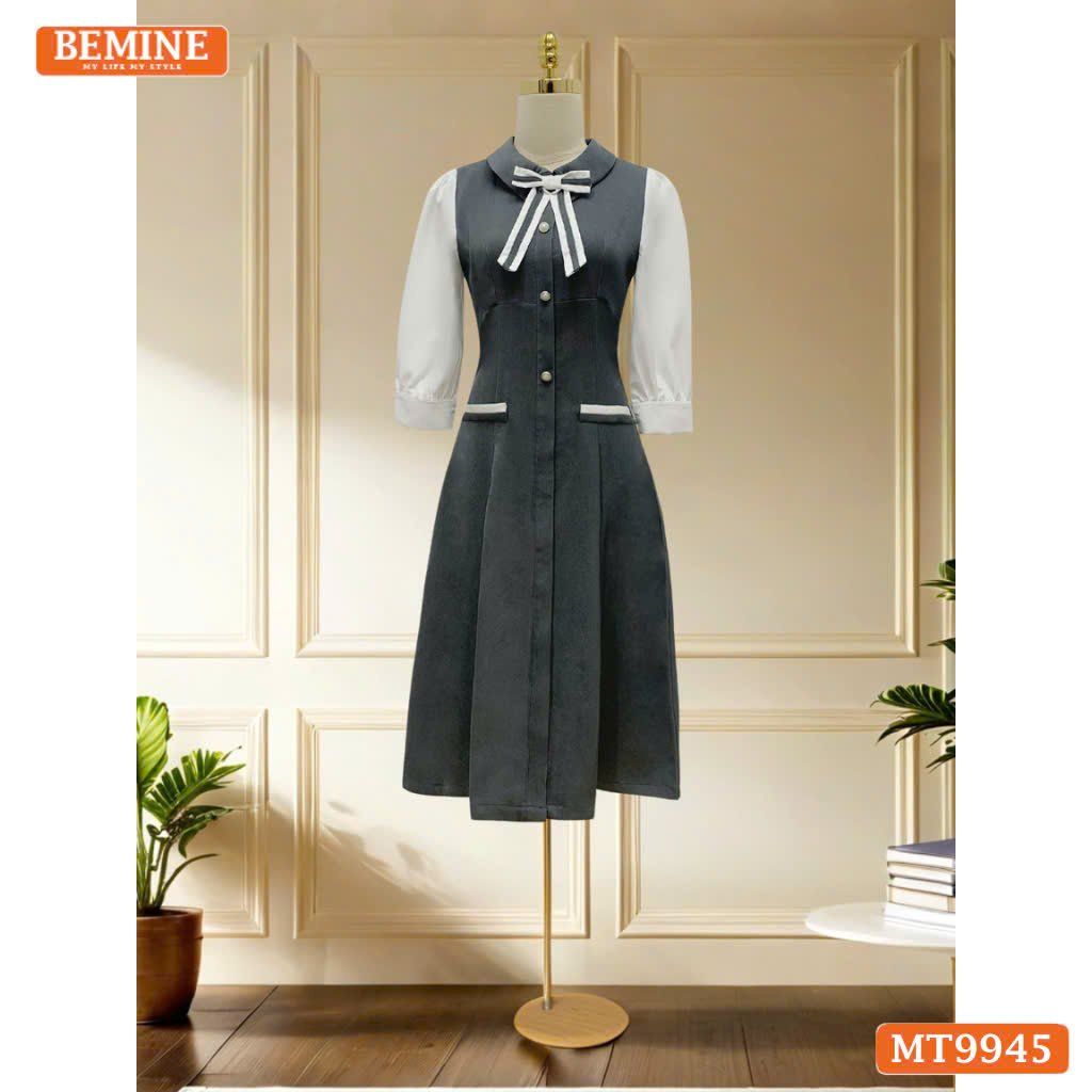 Đầm thiết kế BEMINE cổ sơ mi đính nơ dáng chữ A có nút phù hợp đi làm, đi dạo phố-MT9945