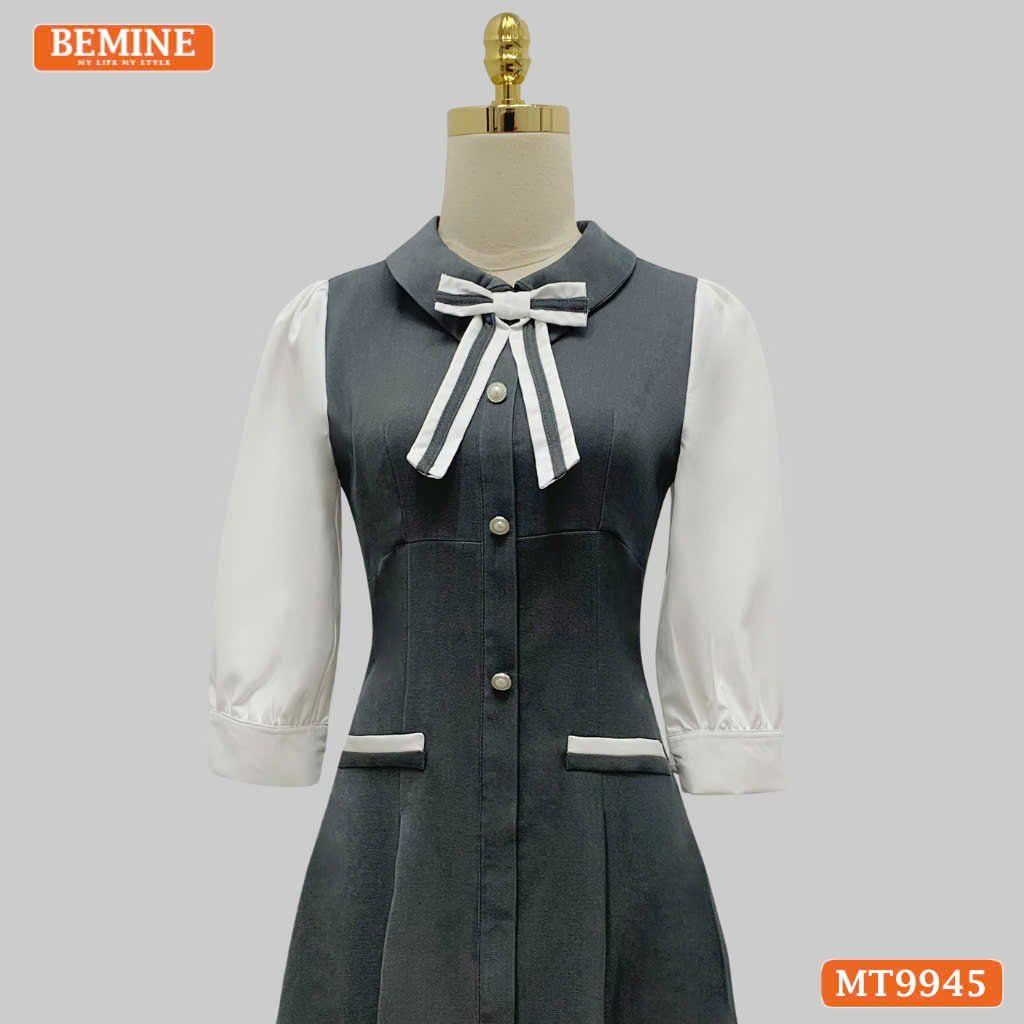 Đầm thiết kế BEMINE cổ sơ mi đính nơ dáng chữ A có nút phù hợp đi làm, đi dạo phố-MT9945