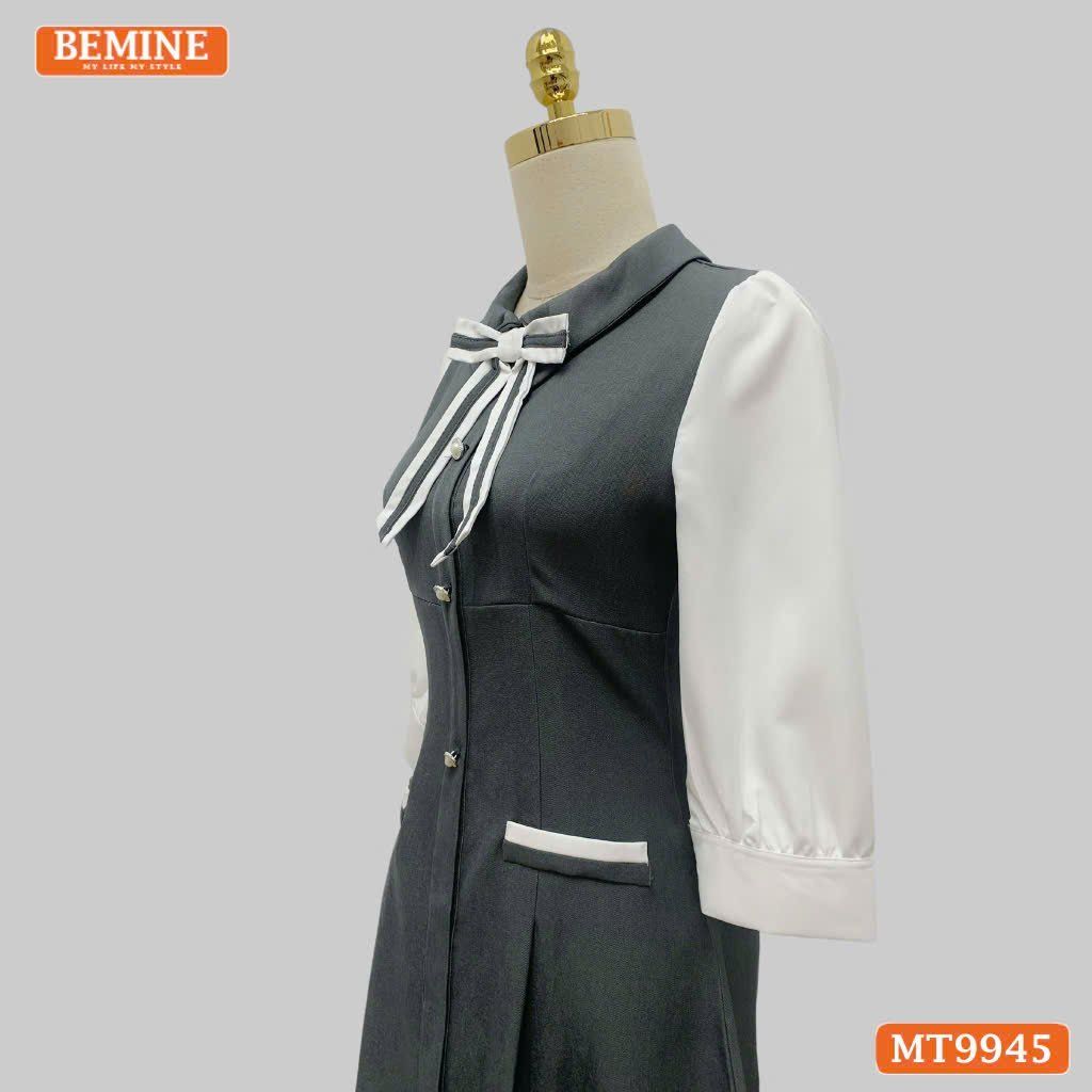 Đầm thiết kế BEMINE cổ sơ mi đính nơ dáng chữ A có nút phù hợp đi làm, đi dạo phố-MT9945