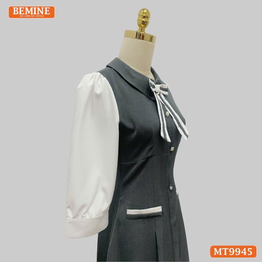 Đầm thiết kế BEMINE cổ sơ mi đính nơ dáng chữ A có nút phù hợp đi làm, đi dạo phố-MT9945