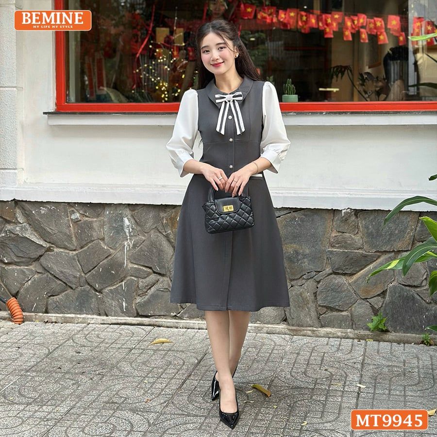 Đầm thiết kế BEMINE cổ sơ mi đính nơ dáng chữ A có nút phù hợp đi làm, đi dạo phố-MT9945