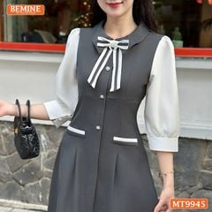Đầm thiết kế BEMINE cổ sơ mi đính nơ dáng chữ A có nút phù hợp đi làm, đi dạo phố-MT9945