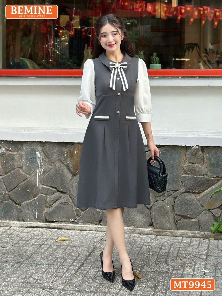 Đầm thiết kế BEMINE cổ sơ mi đính nơ dáng chữ A có nút phù hợp đi làm, đi dạo phố-MT9945