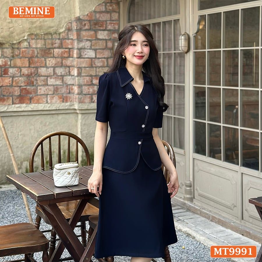 Đầm thiết kế BEMINE cổ sơ mi vạt kiểu có nút dáng chữ A phù hợp đi làm-MT9991