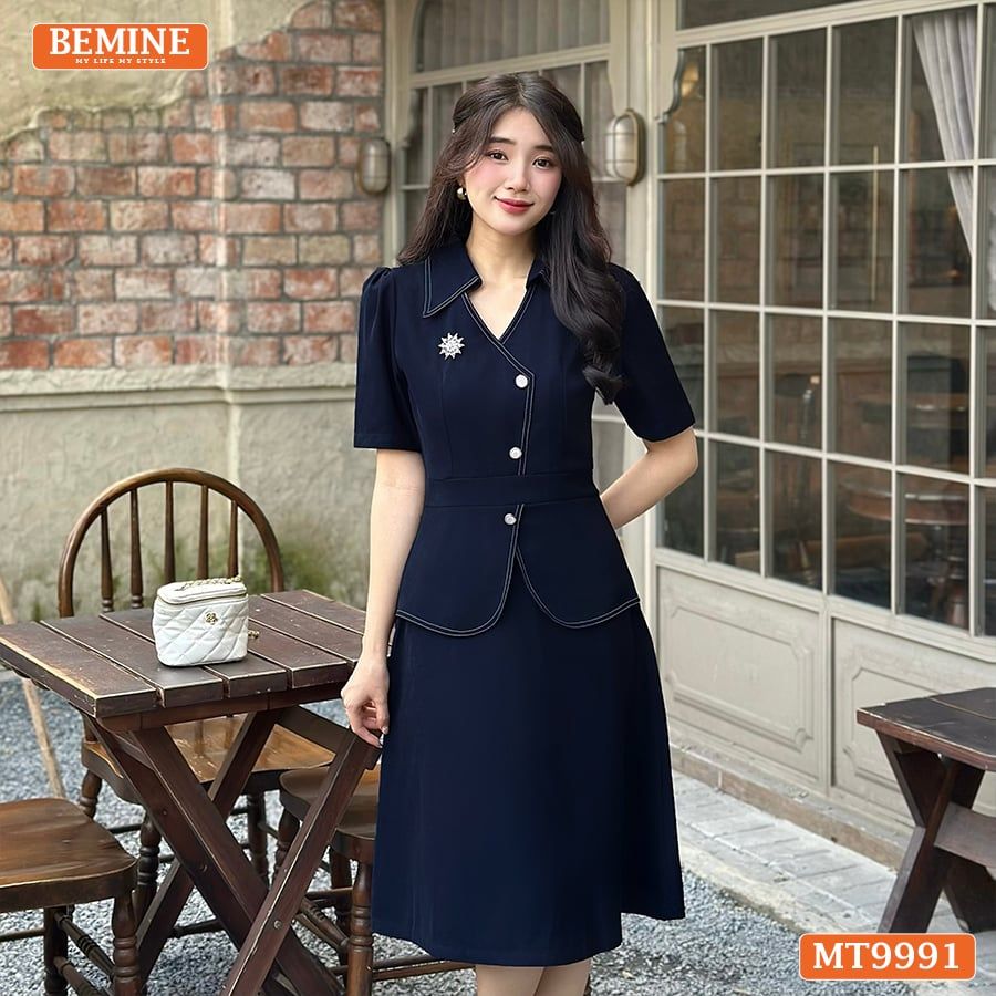Đầm thiết kế BEMINE cổ sơ mi vạt kiểu có nút dáng chữ A phù hợp đi làm-MT9991